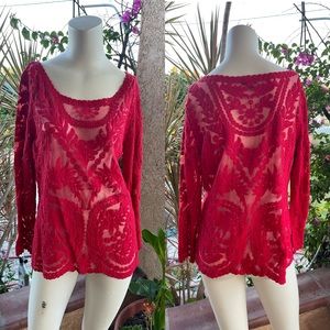 Express Red Lace & Mesh Long Sleeve Blouse LARGE